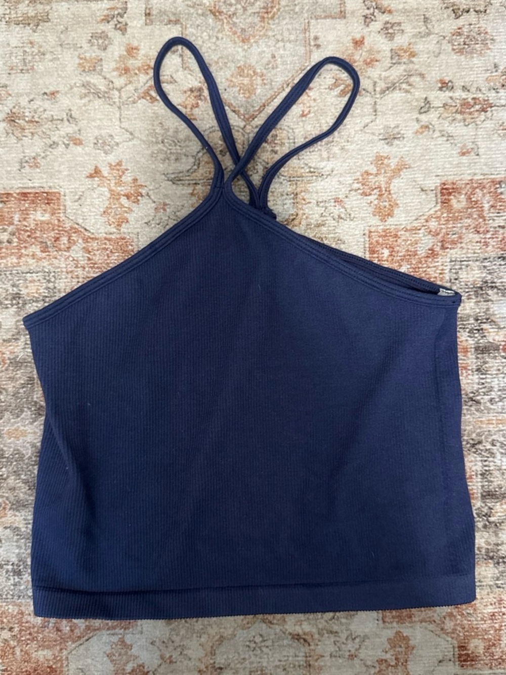 Active USA Navy Ribbed Double-Strap Halter Crop Top